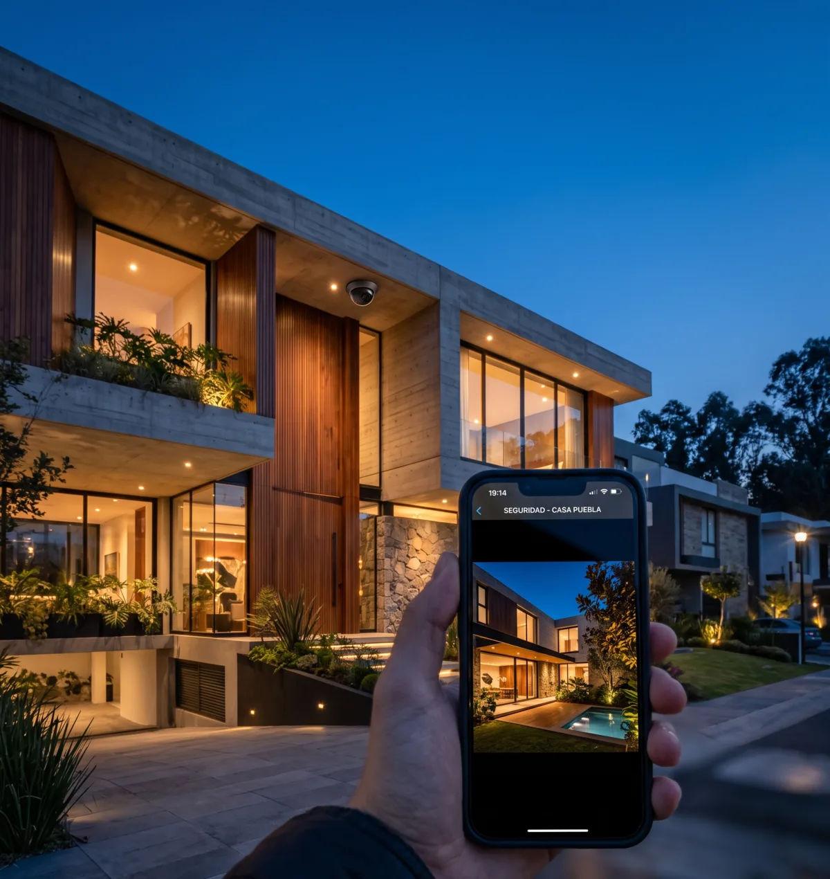 Casa moderna de noche, bien iluminada, con una mano viendo la cámara de seguridad desde el celular